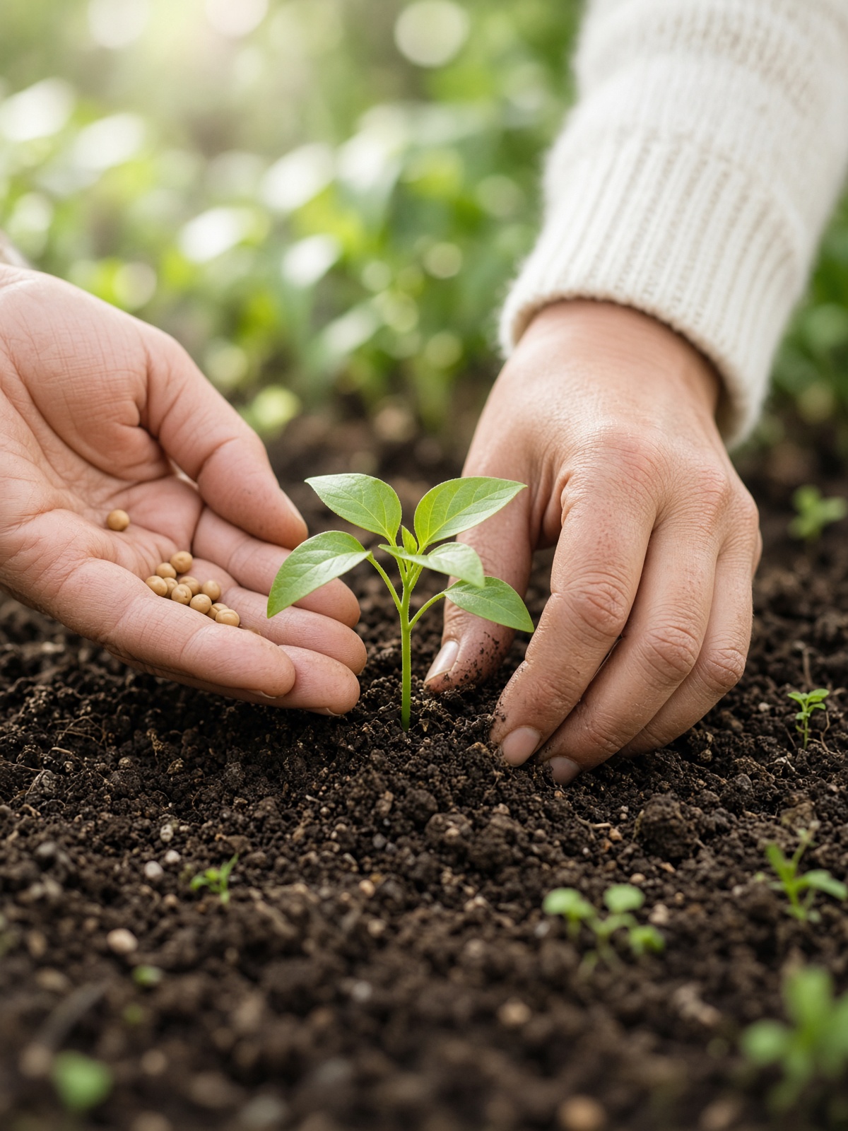 Hands planting a seedling